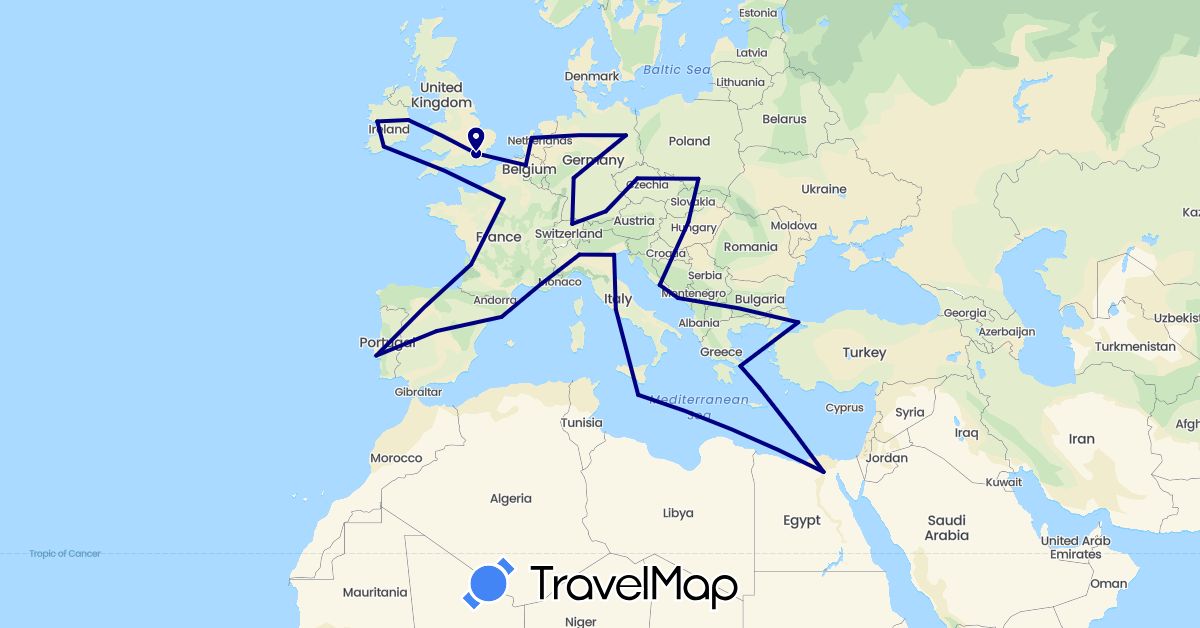 TravelMap itinerary: driving in Belgium, Switzerland, Czech Republic, Germany, Egypt, Spain, France, United Kingdom, Greece, Croatia, Hungary, Ireland, Italy, Malta, Netherlands, Poland, Portugal, Turkey (Africa, Asia, Europe)