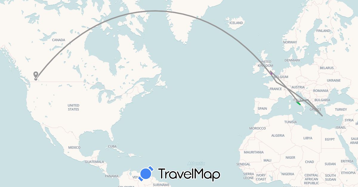 TravelMap itinerary: driving, bus, plane, train in Canada, France, United Kingdom, Greece, Croatia, Italy (Europe, North America)